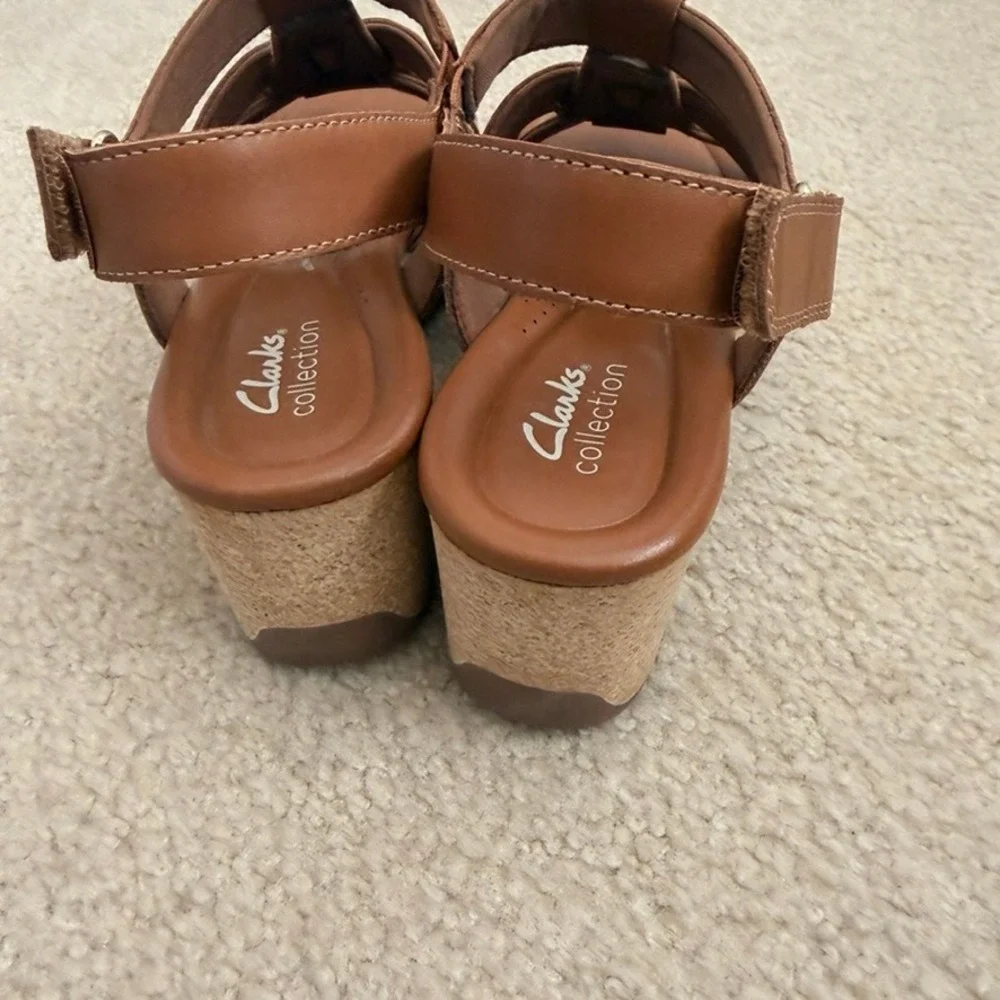 Clarks Collection Women x Jane Leather Tan Brown Strappy Wedge Sandals 9.5 M